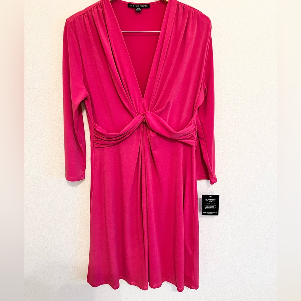 Boston Proper Ruched Waist V Neck Stretchy Sz Medium PINK dress